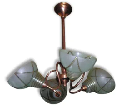 Lustre suspension en cuivre et verre 4 feux, vintage années 50