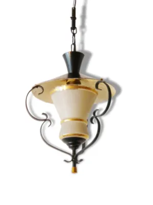 Lanterne lustre suspension en verre granité et tôle typique 1950 vintage 50's rockabilly