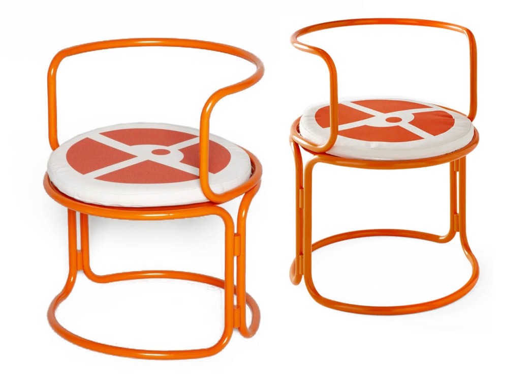 Gae Aulenti, orange lacquered steel armchairs